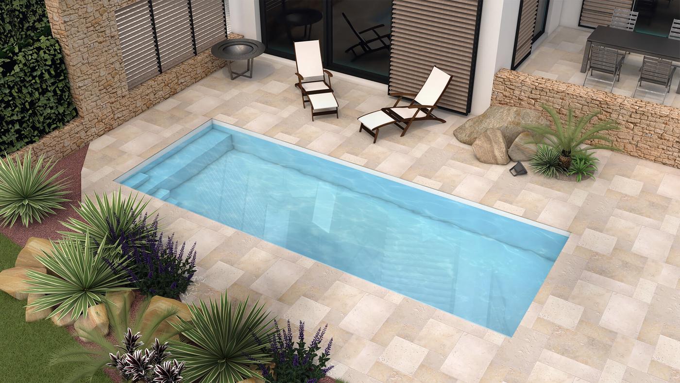 Illustration 3D de Fidji 7 dans une cour avec terrasse en pierre.