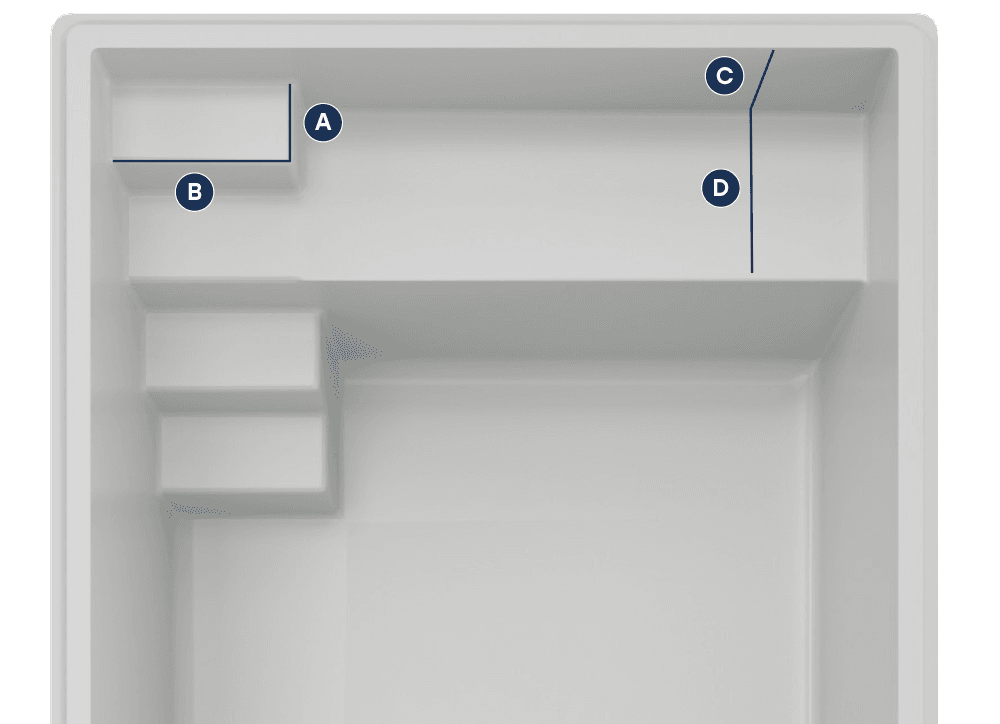 Plan des dimensions intérieures de Fidji 8, repères détaillés sous le visuel.