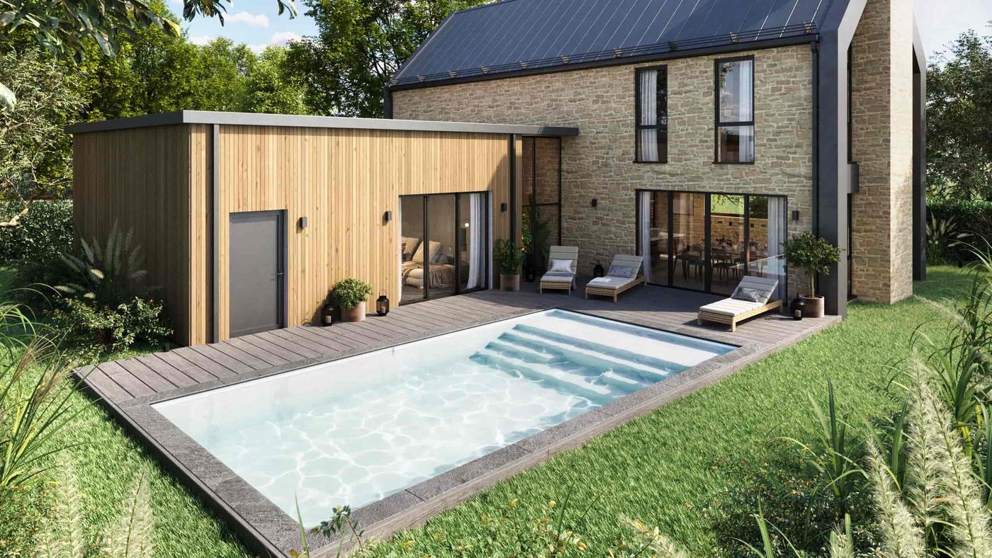 Illustration 3D de Tavana 7 devant une maison et une terrasse en bois.